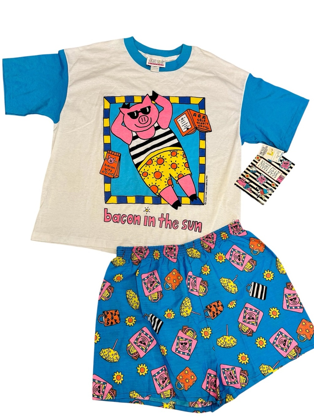 Vintage Rare 90s Night Gear Pajama Set Pig Bacon in the Sun USA Large NWT